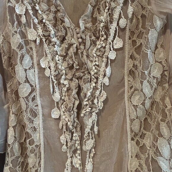 Scully silk and lace Women's Tunic Top Boho Western Chic Taupe Large - Picture 5 of 12